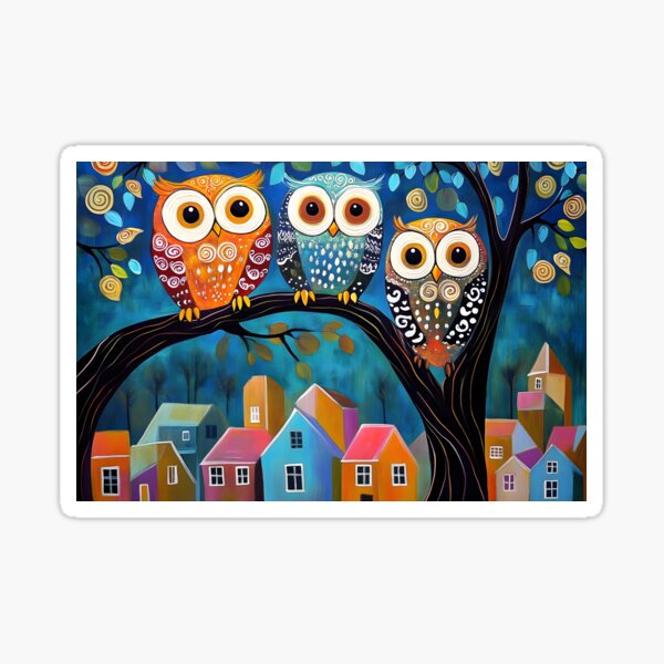 Item preview, Colorful owls perched on a branch, abstract town below designed and sold by Artessie.