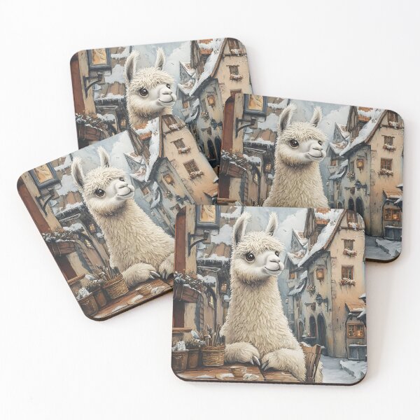 Item preview, Charming llama in snowy medieval village setting designed and sold by Artessie.