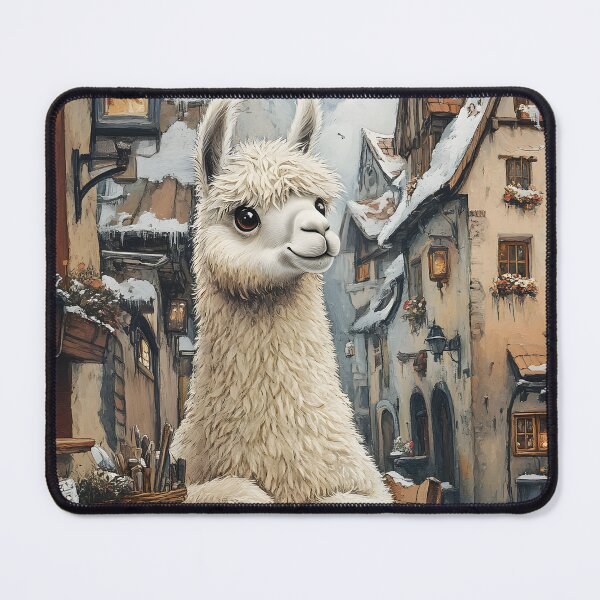 Item preview, Charming llama in snowy medieval village setting designed and sold by Artessie.