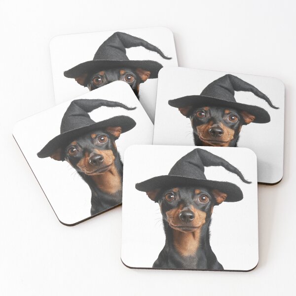 Item preview, Miniature Pinscher dog Wearing Halloween Witch Hat designed and sold by LazyOwlStore.