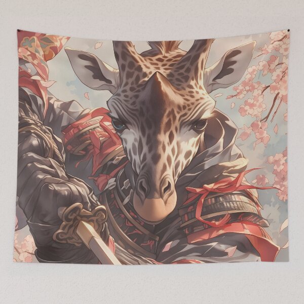 Item preview, Samurai Giraffe Wielding Katana Blooming Cherry Blossoms Battle Stance designed and sold by kludtmiessek.
