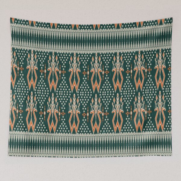 Item preview, Modern Thai Tribal Motif – Green & Orange Ikat Inspired Floral Pattern designed and sold by Mondee Shop.