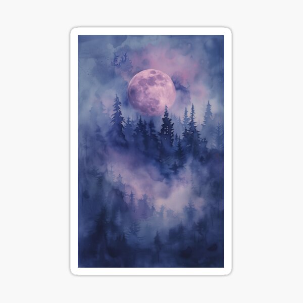 Item preview, Mystical Full Moon Over Foggy Pine Forest – Purple and Blue Watercolor designed and sold by miamakescolors.