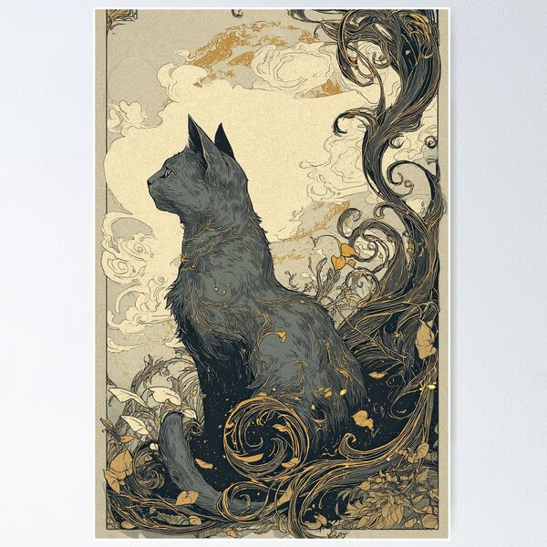 Artikelvorschau, Schwarze Katze mit goldenen Ornamenten im Wolkenhimmel entworfen und verkauft von TeeTribeWear.