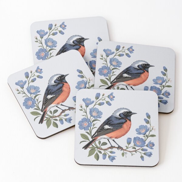 Item preview, Common Redstart with Blue Wildflowers designed and sold by BirdsnStuff.