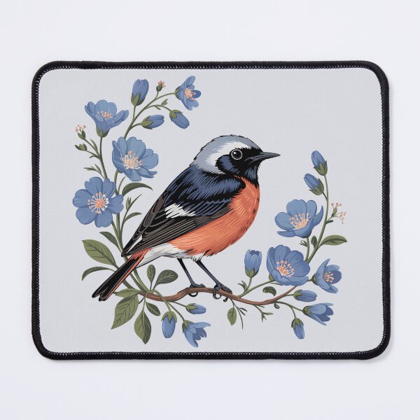 Item preview, Common Redstart with Blue Wildflowers designed and sold by BirdsnStuff.