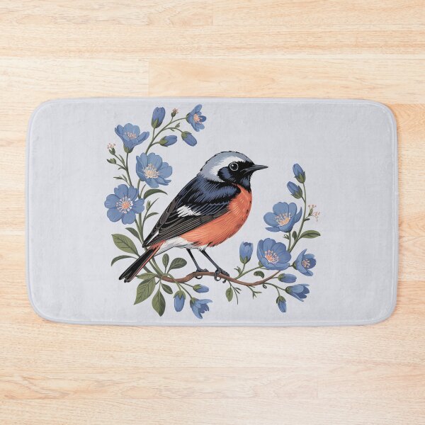Item preview, Common Redstart with Blue Wildflowers designed and sold by BirdsnStuff.