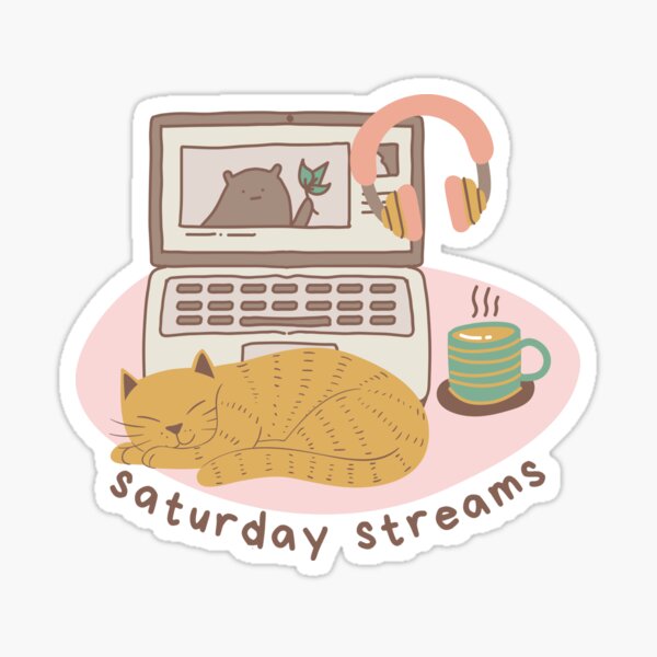 Item preview, Saturday Streams - cozy setup with laptop, mug, headphones, and cat designed and sold by Bookboned.