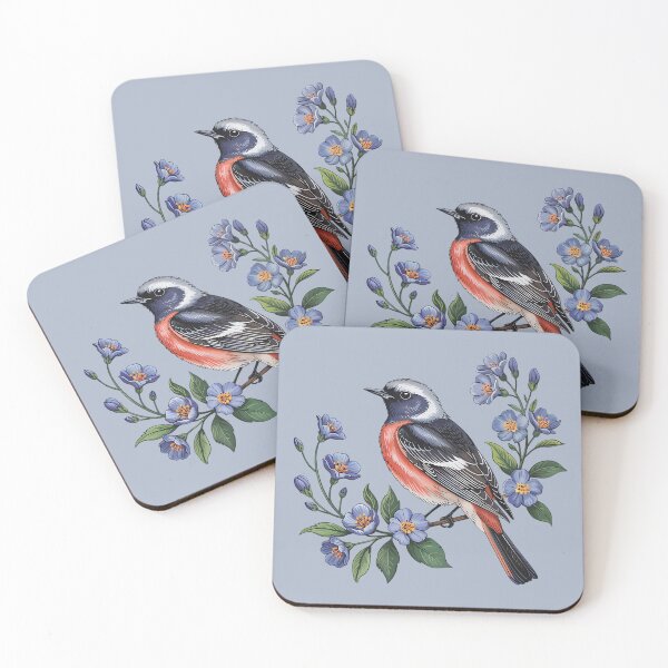 Item preview, Common Redstart Resting Among Blue Blossoms designed and sold by BirdsnStuff.