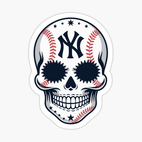 Vista previa del artículo con la obra «Calavera de azúcar de béisbol de Nueva York: Arte de fan de los Yankees del Día de los Muertos», diseñado y vendido por YggOutfitters.