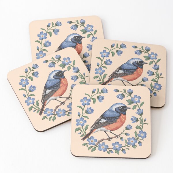 Item preview, Redstart Framed by a Ring of Blue Blossoms designed and sold by BirdsnStuff.