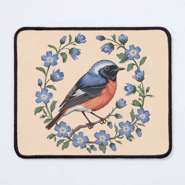 Item preview, Redstart Framed by a Ring of Blue Blossoms designed and sold by BirdsnStuff.