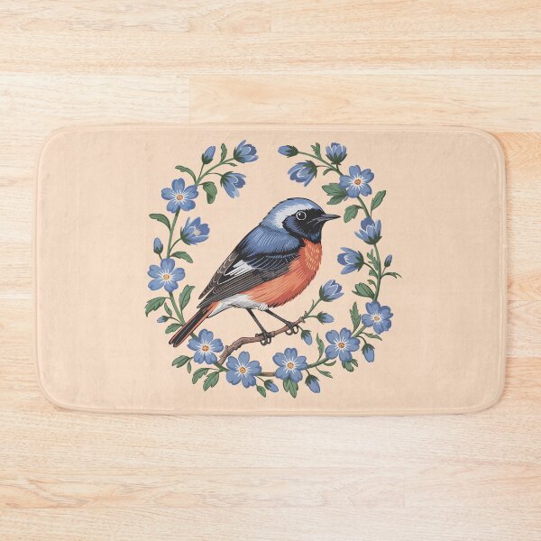 Item preview, Redstart Framed by a Ring of Blue Blossoms designed and sold by BirdsnStuff.