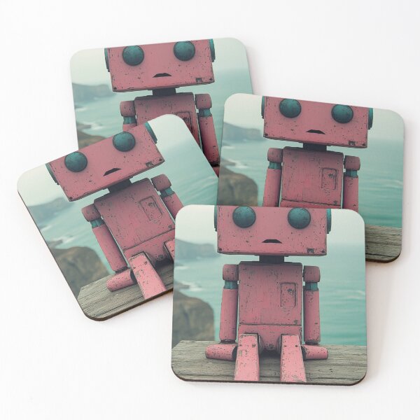 Item preview, Melancholic Pink Robot Print – Retro Robot Wall Art by the Ocean designed and sold by Patricks-Art.