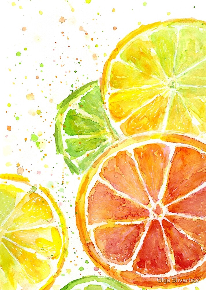 "Juicy Citrus Fruit Watercolor, Food Painting, Tasty Art" by Olga