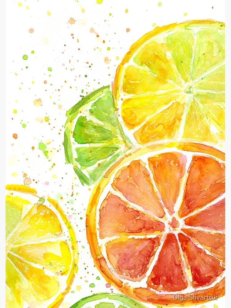 A collage of previous watercolor paintings. . What fruit slices