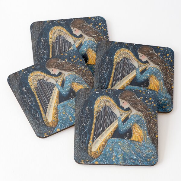 Item preview, Woman playing harp under a starry night sky designed and sold by Artessie.