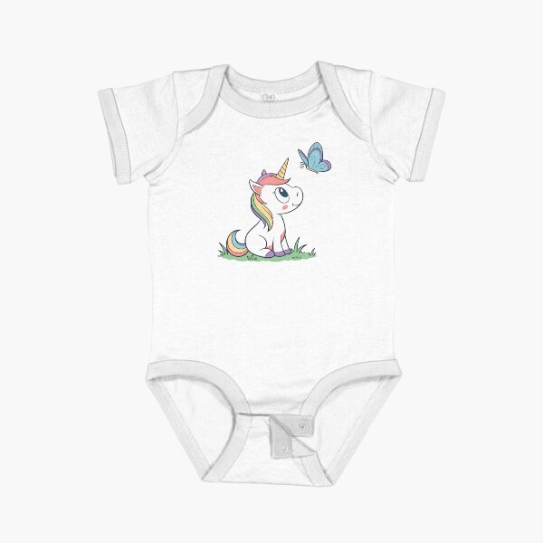 Cute curious baby unicorn and magical butterfly Short Sleeve Baby One-Piece