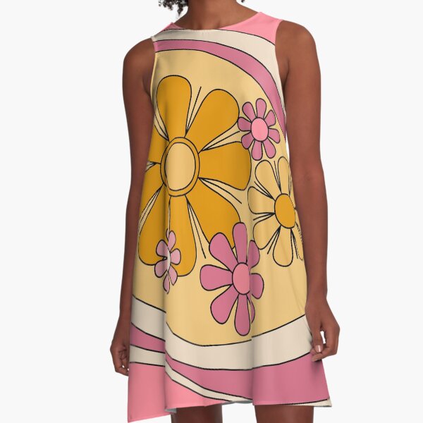 Item preview, Floral Daydream Groovy Retro Flowers in Thulian Pink Ochre Yellow designed and sold by kierkegaard.