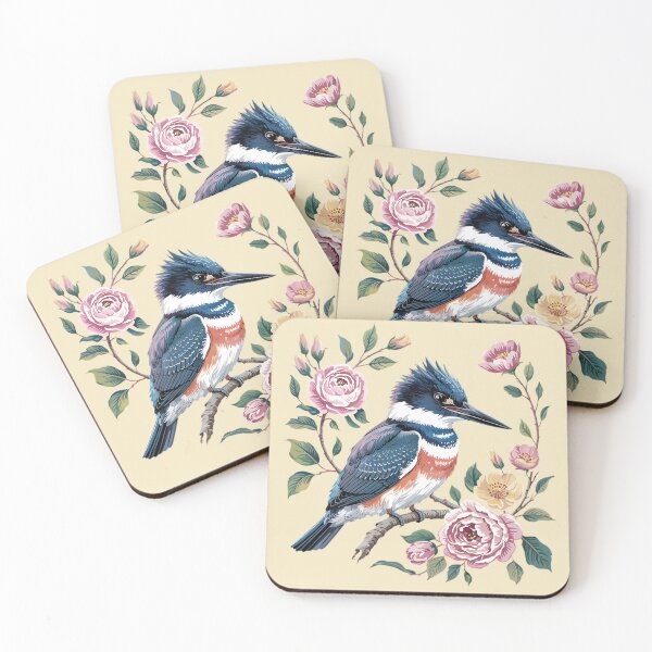 Item preview, Elegant Belted Kingfisher with Vintage Garden Roses designed and sold by BirdsnStuff.