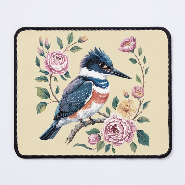 Item preview, Elegant Belted Kingfisher with Vintage Garden Roses designed and sold by BirdsnStuff.