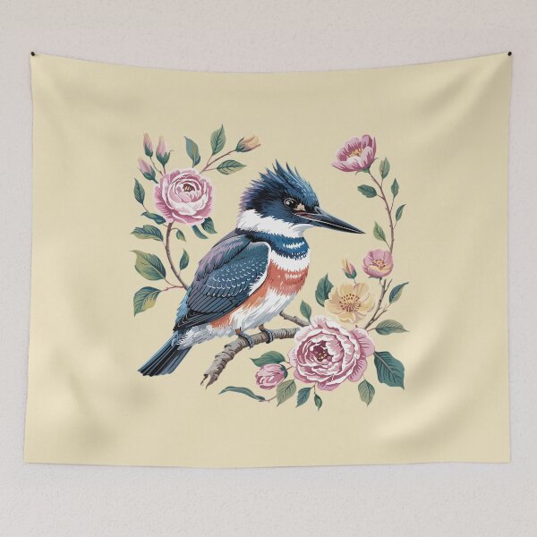 Item preview, Elegant Belted Kingfisher with Vintage Garden Roses designed and sold by BirdsnStuff.