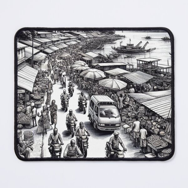 Item preview, Brazzaville Market Black and White Vector Art – Urban AI Design for City Lovers and Travel-Inspired Fashion designed and sold by knalpot-design.