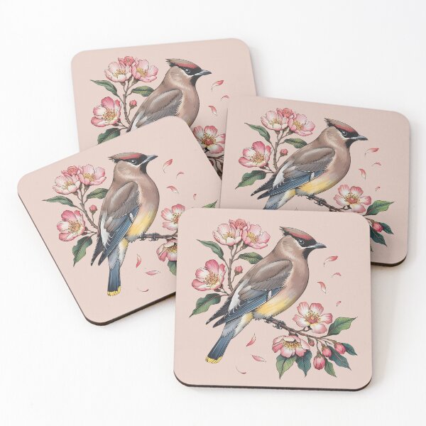 Item preview, Cedar Waxwing with Deep Pink Blossoms and Foliage designed and sold by BirdsnStuff.