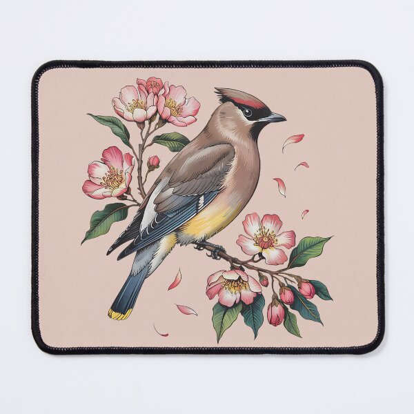 Item preview, Cedar Waxwing with Deep Pink Blossoms and Foliage designed and sold by BirdsnStuff.
