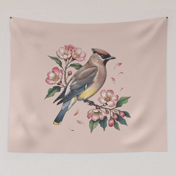 Item preview, Cedar Waxwing with Deep Pink Blossoms and Foliage designed and sold by BirdsnStuff.