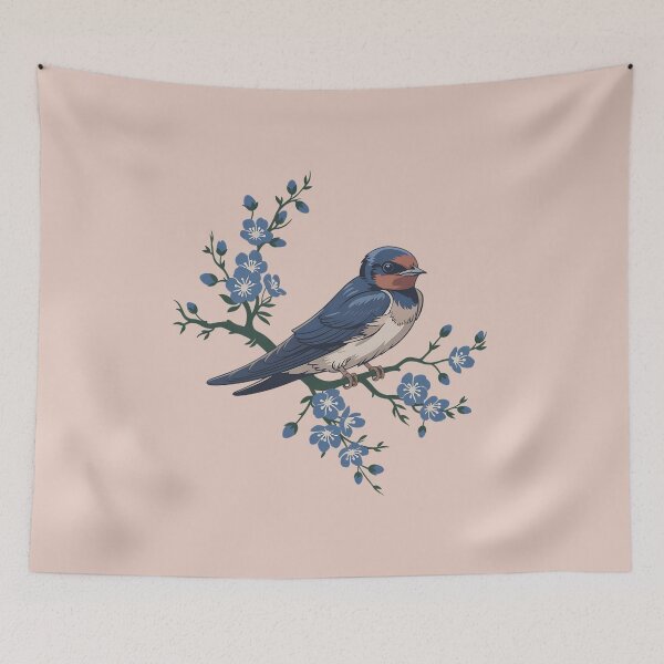 Item preview, Barn Swallow Among Blue Blossoms Vintage Nature Art designed and sold by BirdsnStuff.