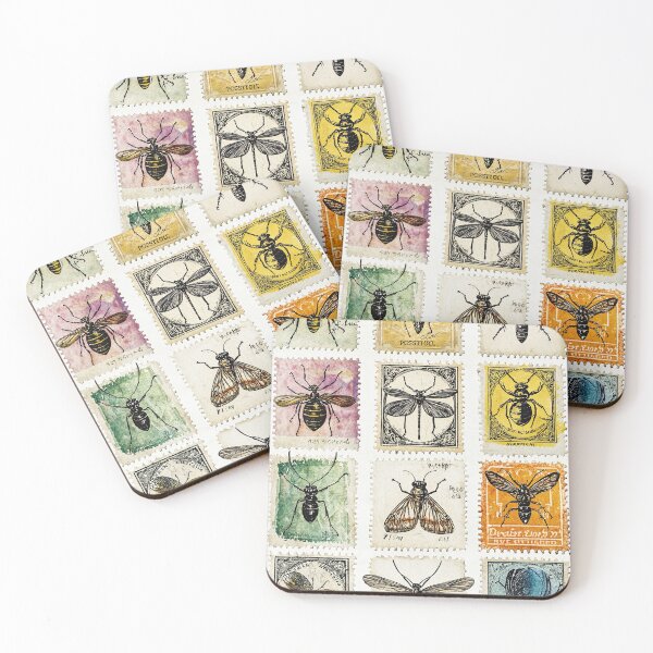 Item preview, Color-rich insect art on vintage stamp backdrops designed and sold by Piotrek0001.