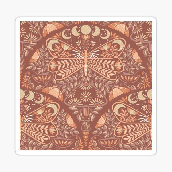 Terracotta Moths Birds and Mushroom – Folk Art Pattern in orange brown Sticker