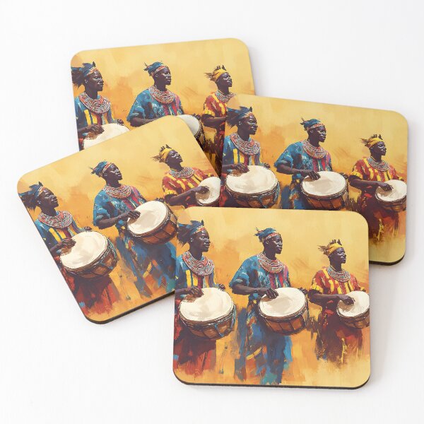 Item preview, Three drummers playing passionately in vibrant attire. designed and sold by Artessie.