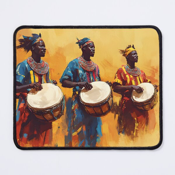 Item preview, Three drummers playing passionately in vibrant attire. designed and sold by Artessie.