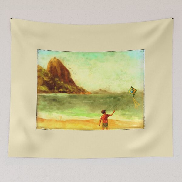 Item preview, Expressive and Nostalgic Painting of a Boy Flying a Kite in Urca beach and Pão de açúcar (Sugarloaf) Mountain, in Rio de Janeiro, Brazil designed and sold by ibadishi.