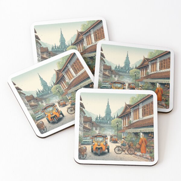Item preview, Luang Prabang Retro Cityscape – AI Art with Vintage Vehicles | Perfect for Travel Lovers, Apparel & Accessories designed and sold by knalpot-design.