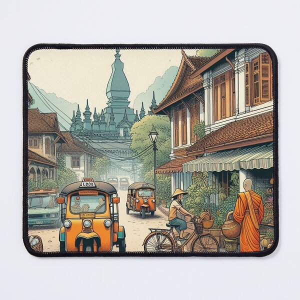 Item preview, Luang Prabang Retro Cityscape – AI Art with Vintage Vehicles | Perfect for Travel Lovers, Apparel & Accessories designed and sold by knalpot-design.