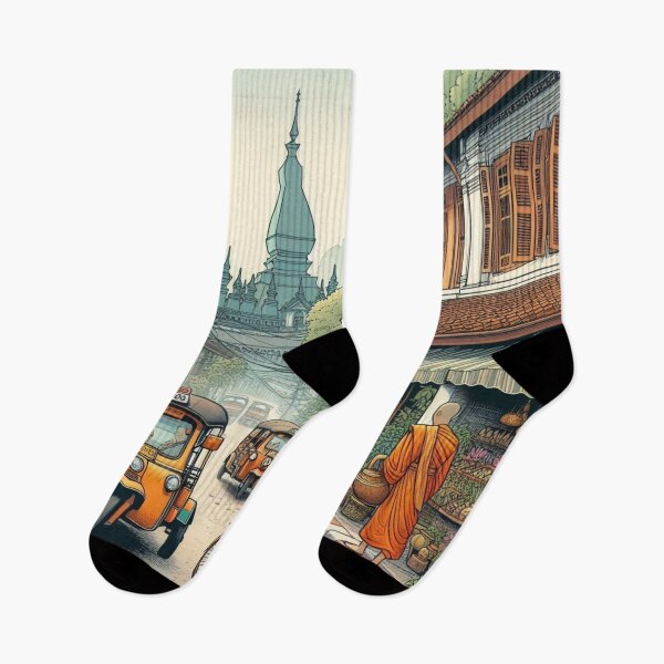 Item preview, Luang Prabang Retro Cityscape – AI Art with Vintage Vehicles | Perfect for Travel Lovers, Apparel & Accessories designed and sold by knalpot-design.