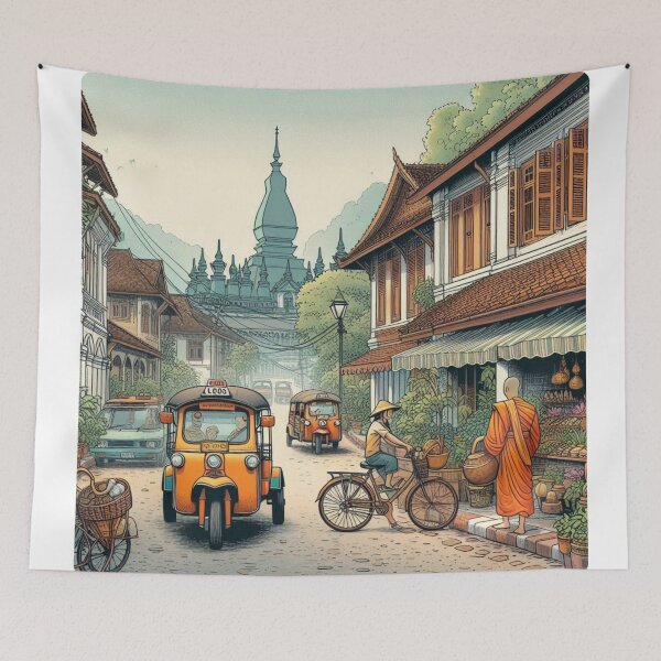 Item preview, Luang Prabang Retro Cityscape – AI Art with Vintage Vehicles | Perfect for Travel Lovers, Apparel & Accessories designed and sold by knalpot-design.