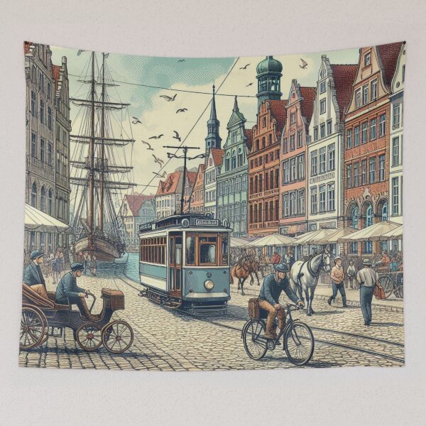 Item preview, Wismar Retro Cityscape – AI Art with Classic Vehicles | Perfect for Travel Lovers, Apparel & Accessories designed and sold by knalpot-design.