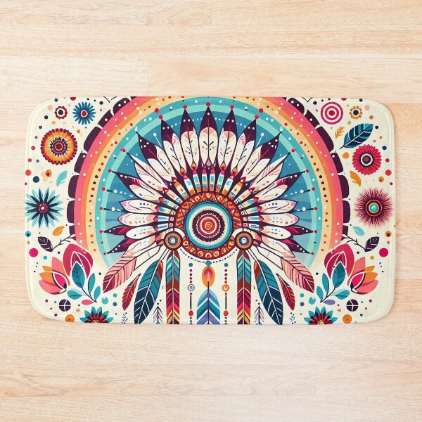 Item preview, Scandinavian Folk Art Warbonnet – Feathers, Rainbow, and Floral Design by heidiannemorris designed and sold by FOLK ART FUSION by heidiannemorris.