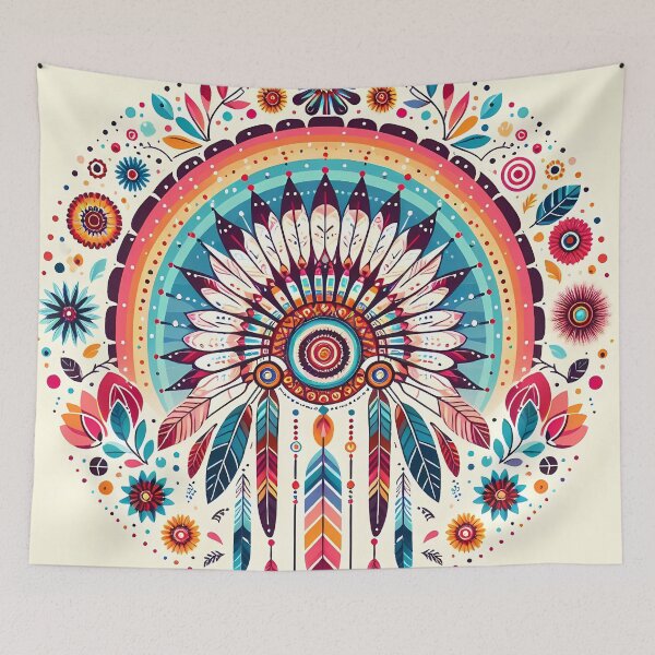 Item preview, Scandinavian Folk Art Warbonnet – Feathers, Rainbow, and Floral Design by heidiannemorris designed and sold by FOLK ART FUSION by heidiannemorris.