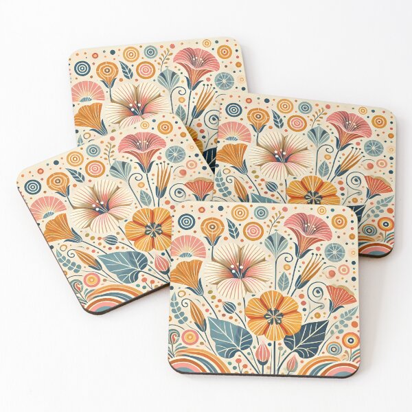 Item preview, Scandinavian Folk Art Morning Glories and Petunias – Coral, Teal, and Mustard Floral Symmetry by heidiannemorris. designed and sold by FOLK ART FUSION by heidiannemorris.
