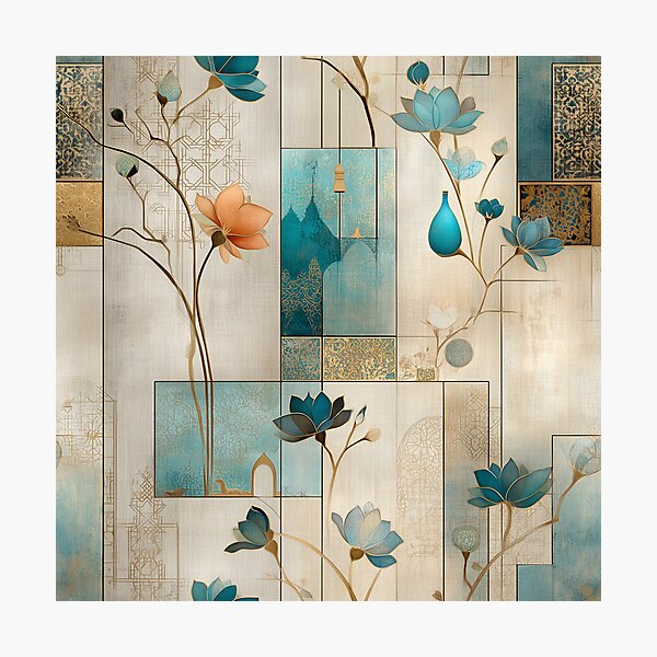 Item preview, Oriental Teal and Gold Floral Pattern – Luxurious Lotus and Geometric Design designed and sold by Moisky Patterns.