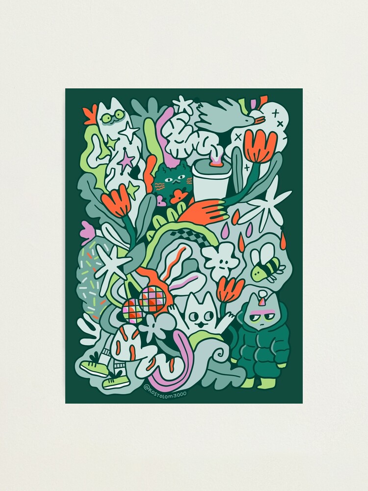 Thumbnail 1 of 3, Photographic Print, Doodle cats, tulips, bee and coffee cup designed and sold by kostolom3000.
