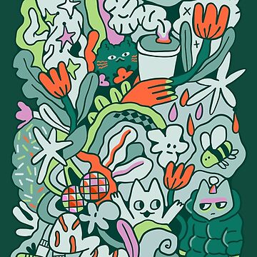 Artwork thumbnail, Doodle cats, tulips, bee and coffee cup by kostolom3000