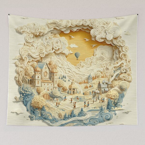 Item preview, Whimsical Papercut Village – Fantasy Landscape Illustration designed and sold by Moss and Moon Studio.