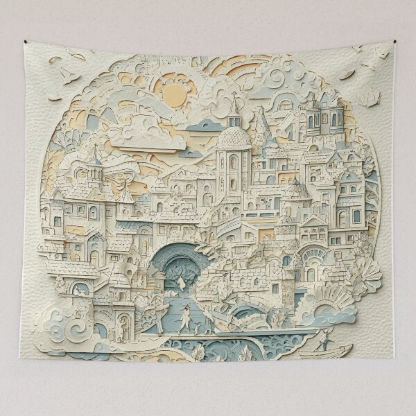 Item preview, Whimsical Papercut Village – Fantasy Landscape Illustration designed and sold by Moss and Moon Studio.