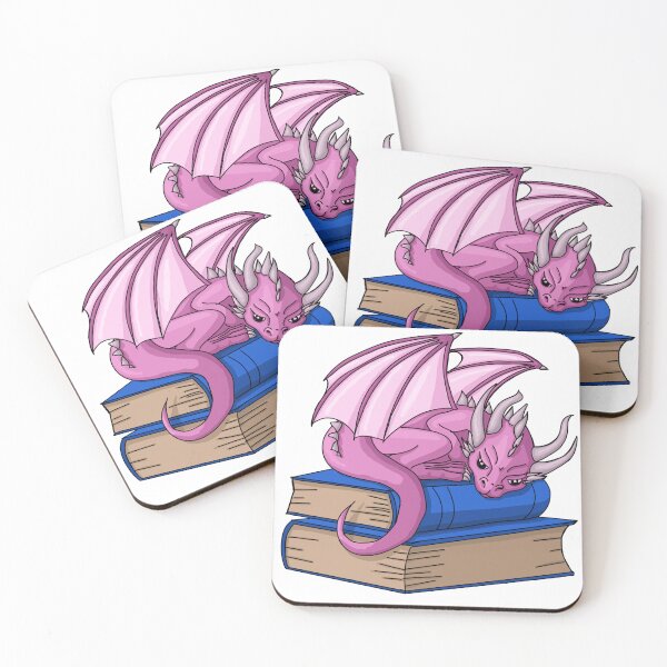 Item preview, cute pink dragon on stack of books designed and sold by paintyfiction.